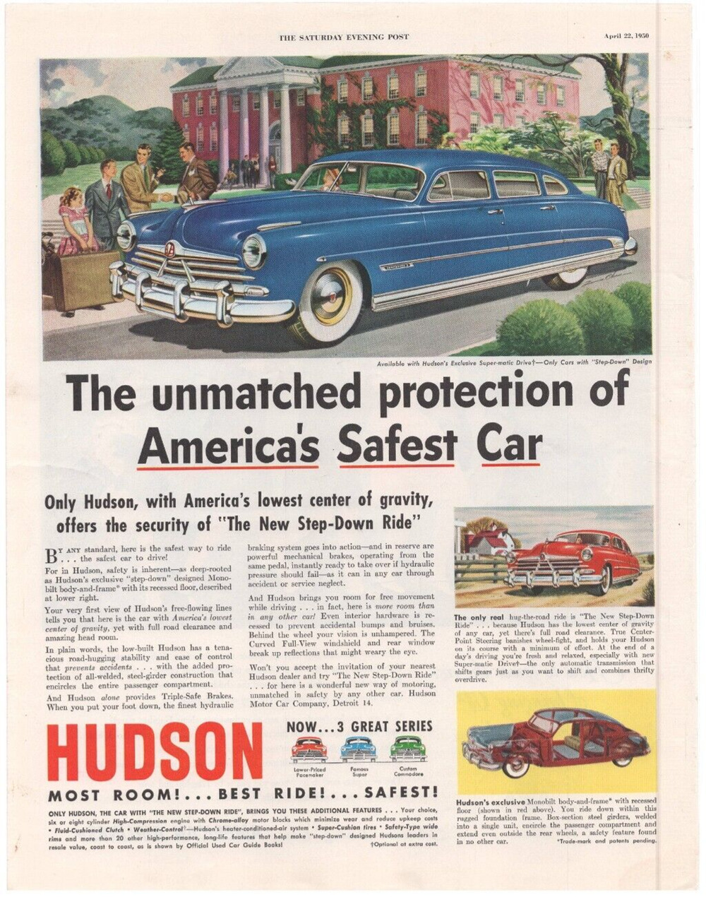 Hudson Magazine Advertisement 1950 Vintage Original Car Color Automobilia